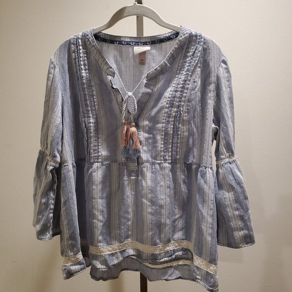 Knox Rose Blue Long Bell Sleeve Blouse with Side Seam Pockets Size XL